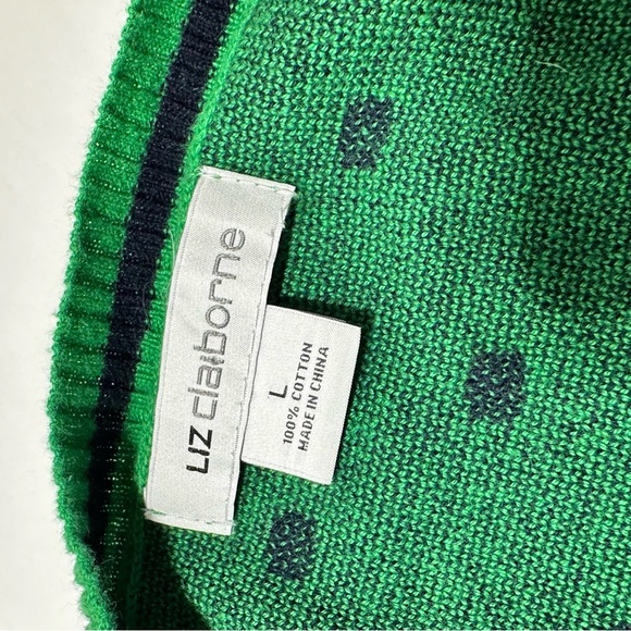 Liz Claiborne Green Sweater With Blue Polka Dots V Neck Cotton L - Picture 7 of 12